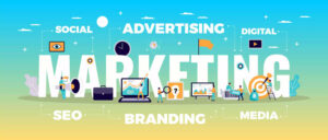 A digital marketing concept illustration displaying key components such as branding, advertising, SEO, content marketing, social media, and analytics, visually interconnected to represent a comprehensive marketing strategy. 